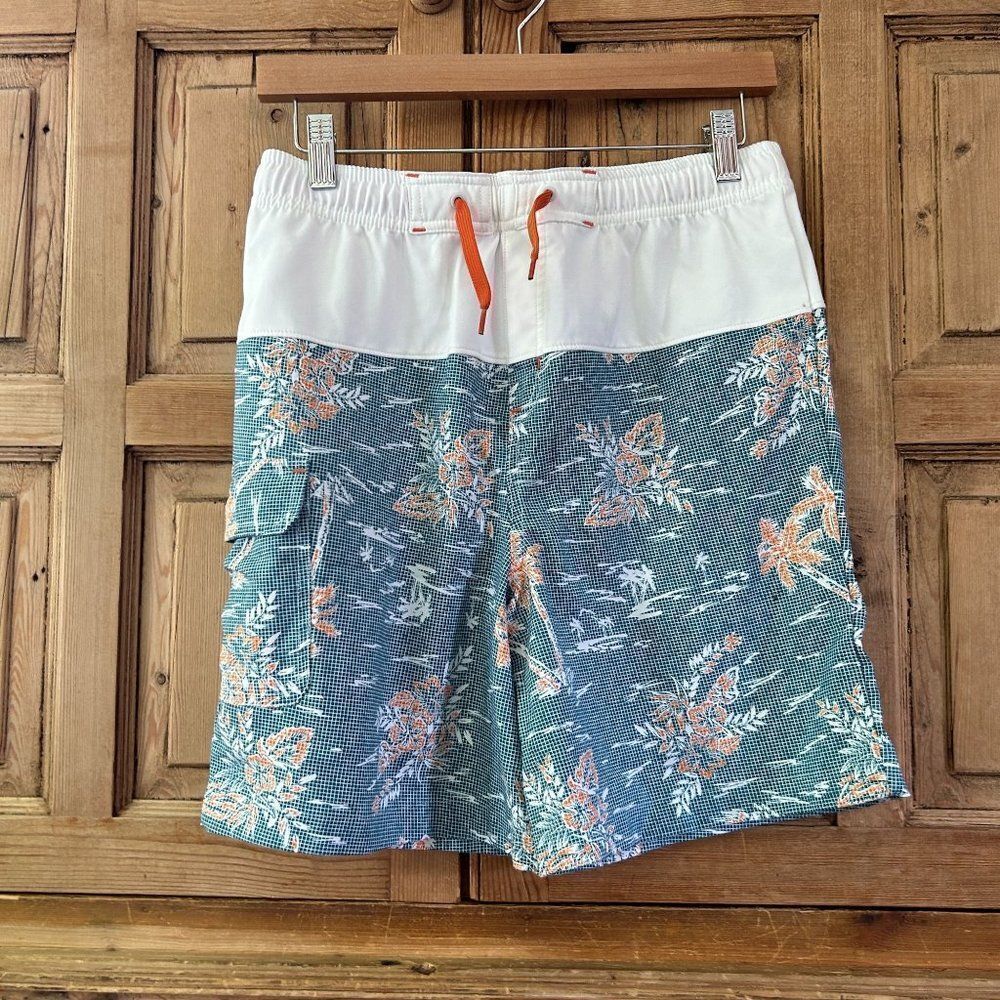 REI Boy's Size XL (18) White Blue Tropical‎ Print Swim Trunks Surf Summer Beach